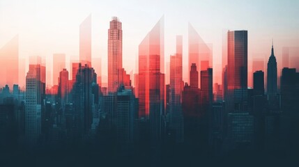 Fototapeta premium Abstract city skyline with red overlay and layered transparency symbolizing urban development and innovation
