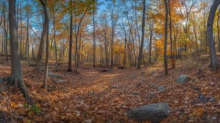 Obraz premium A forest floor covered in autumn leaves, dappled with sunlight filtering through the trees. The panoramic view highlights the season's rich colors and the peaceful atmosphere of the woods.