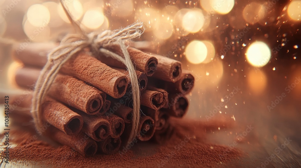 Poster a warm and inviting close-up of cinnamon sticks tied with twine surrounded by sparkling lights and d