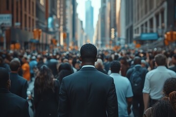 Businessman Walking Through City Crowd in Sunlight1