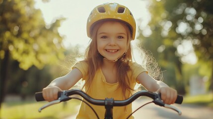 Obraz premium A young girl smiles while riding her bike in a park.