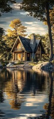 Fototapeta premium Charming Log Cabin by Tranquil Lake with Reflective Waters in Autumn Bliss : Generative AI