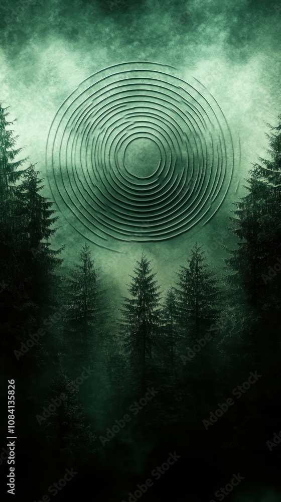 Poster a mystical forest scene with concentric circles above the trees.