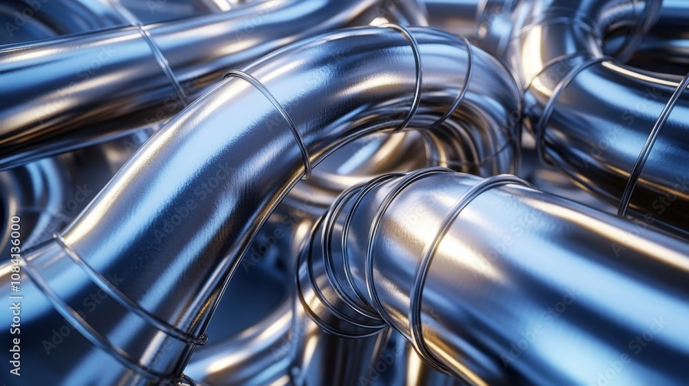 Poster intricate arrangement of shiny metal pipes creating a dynamic industrial visual with reflections and