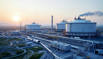 Obraz premium A sprawling energy hub with LNG tanks, pipelines, and advanced gas distribution systems.