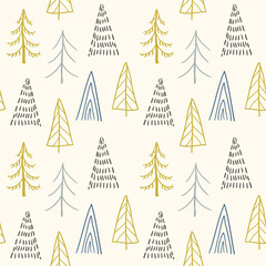 Obraz premium Cute Scandinavian-style forest print with trees. Doodle forest on a light background. cute natural hand-drawn print.