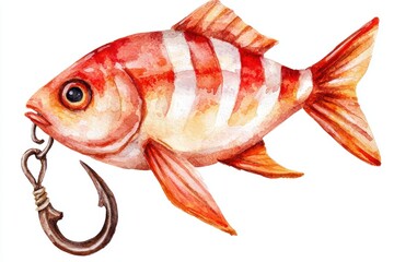 Colorful and Playful Watercolor Illustration of a Fish with a Hook in Its Mouth, Perfect for Nautical Themes and Fishing Illustrations, Ideal for Kids and Wildlife Art