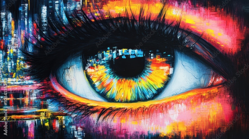 Poster captivating close-up of an eye with vibrant abstract reflections creating a stunning visual experien