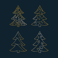 Obraz premium a set of patterned golden Christmas trees for festive Christmas banners and postcards. golden hand-painted fir trees