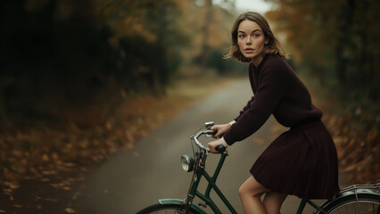 Woman Cycling on Vintage Green Bicycle in Overgrown Park with Muted Autumn Foliage, Wearing Burgundy Outfit and Pensive Expression