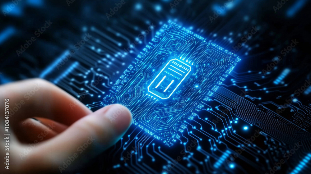 Poster a finger touches a glowing blue ai chip. this image shows the idea of artificial intelligence using 