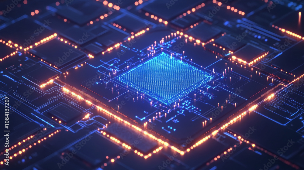 Poster a glowing blue ai computer chip is shown with connecting lines, creating a futuristic tech image. th