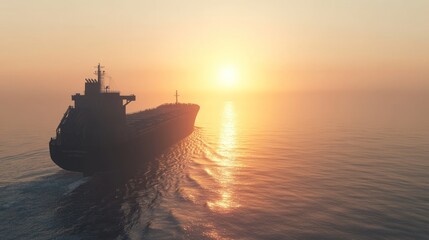 Obraz premium A massive cargo ship navigates a calm sea under the soft glow of morning sunlight, with gentle waves shimmering in the light, emphasizing the tranquility of the open water.