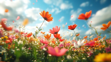 Obraz premium Blooming wildflowers in a sunny field nature landscape vibrant spring atmosphere