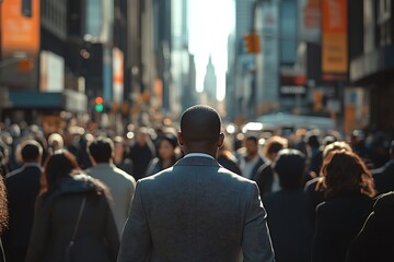 Fototapeta premium Businessman Walks Through Blurred City Crowd During Rush Hour