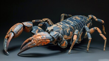 A large, black and orange scorpion with a rough exoskeleton, standing on a grey background, facing the viewer, with its claws extended.