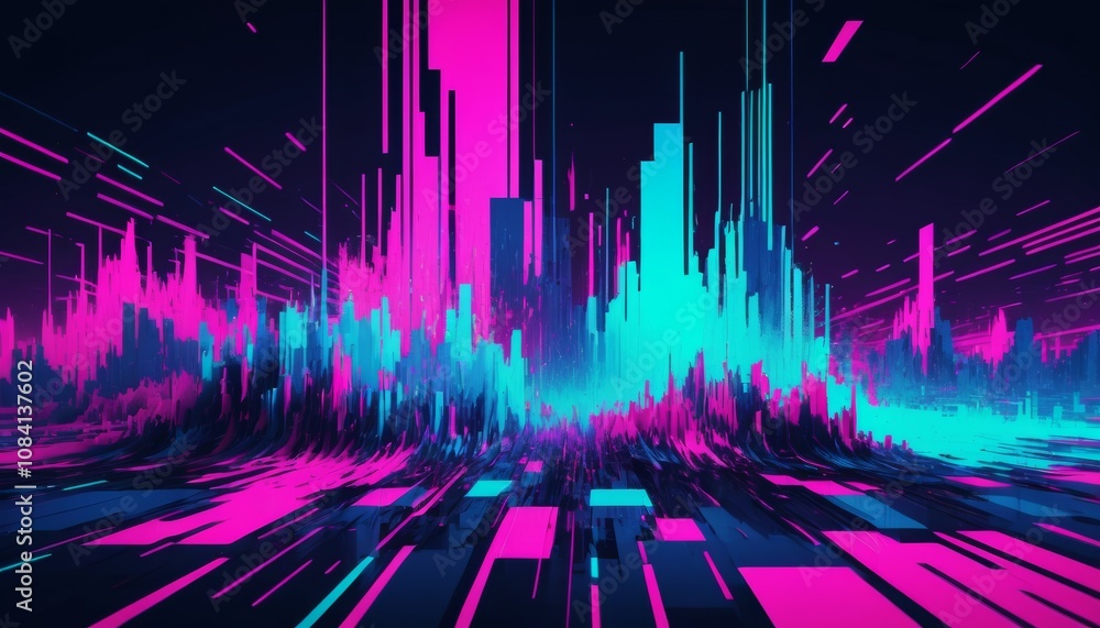 Poster abstract glitch effect background with pink and cyan audio wave patterns