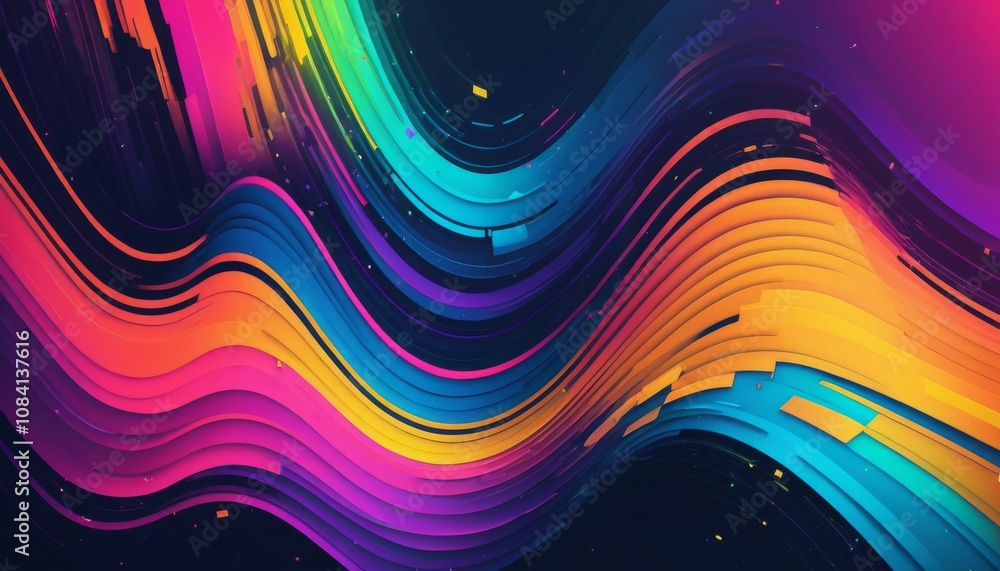 Poster abstract glitch effect background with vibrant rainbow waves and flowing shapes