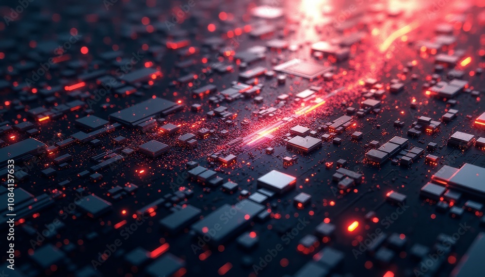 Poster abstract glitch effect background with red and blue glowing squares and lines