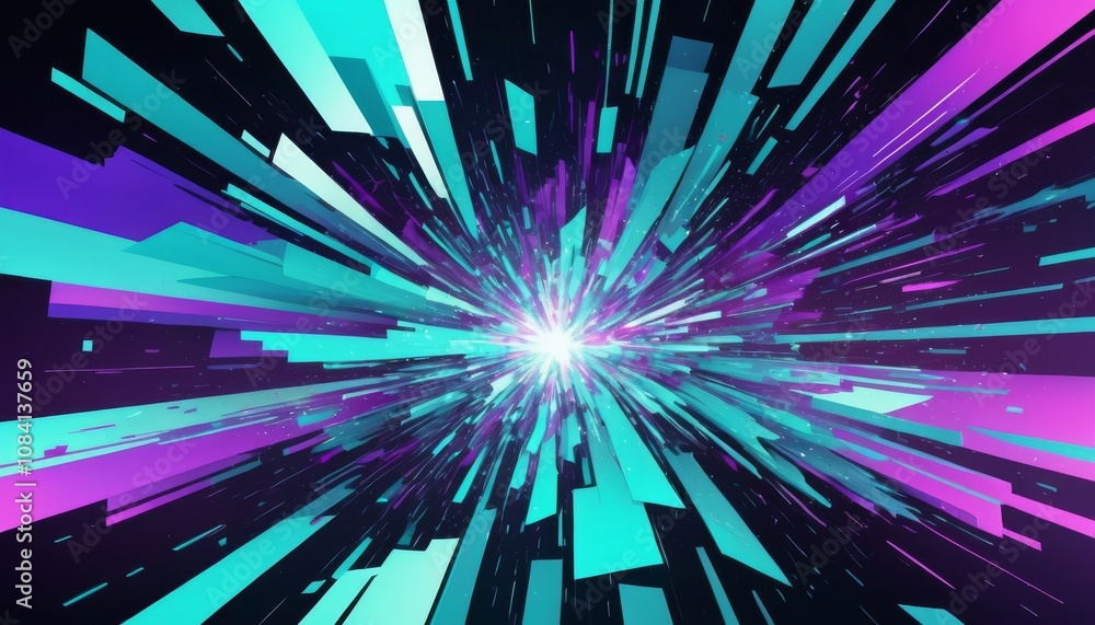 Poster abstract glitch effect background with purple and teal explosive shapes and rays