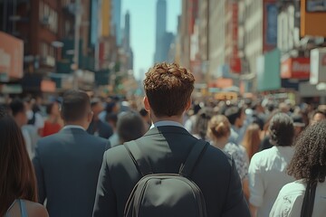 Businessman with Backpack Walking Through Busy City Street
