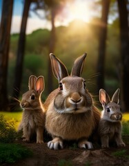 Fototapeta premium Familia de conejos en el bosque