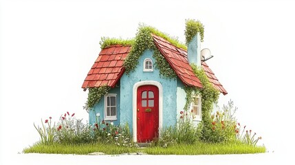 Charming Whimsical Cottage Surrounded by Lush Greenery and Colorful Flowers, Featuring a Bright Red Door and Unique Grass-covered Roof