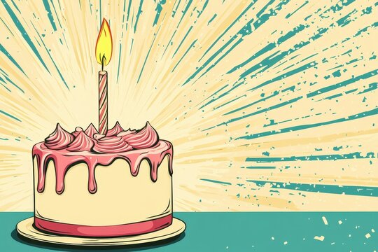 A colorful birthday cake with a single candle sits on a table against a burst of vibrant rays while celebrating a joyous occasion