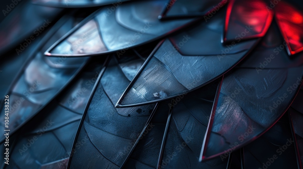 Aufkleber close-up of a metallic surface with a scaly texture and red light reflecting off the surface.