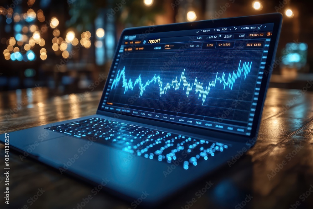 Aufkleber here's a and keyword list for your stock photo.. laptop displaying stock market data at night.