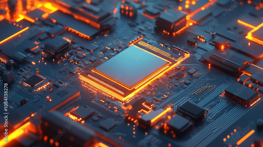 Poster a shiny ai chip glows on a blue circuit board. it's a computer microchip, maybe a cpu, shown in a di