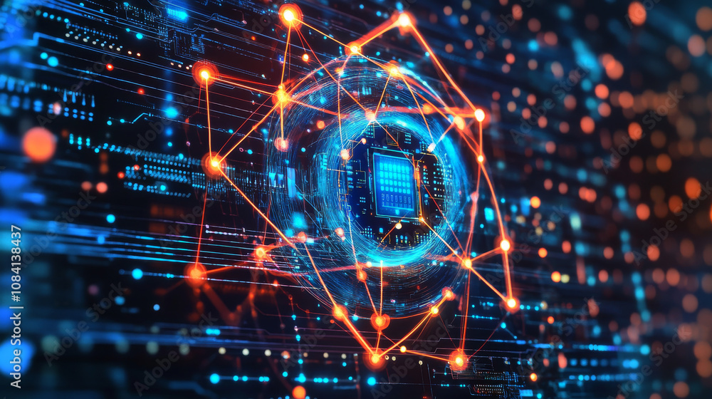 Poster a futuristic image shows an ai chip and a digital atom on a tech background. it depicts circuit line