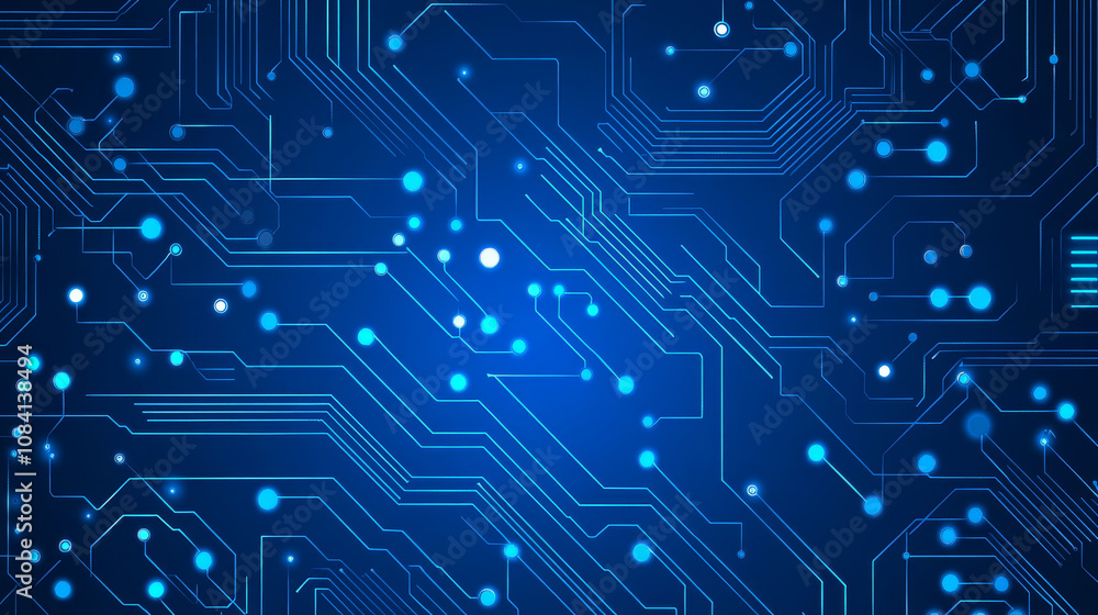 Poster a blue circuit board with computer parts like a chip and processor. it's a digital image showing tec