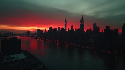 Obraz premium A panoramic dusk view of Manhattan, with skyscrapers glowing against the sunset over the river. The twilight hues enhance the city silhouette, creating a stunning New York scene.