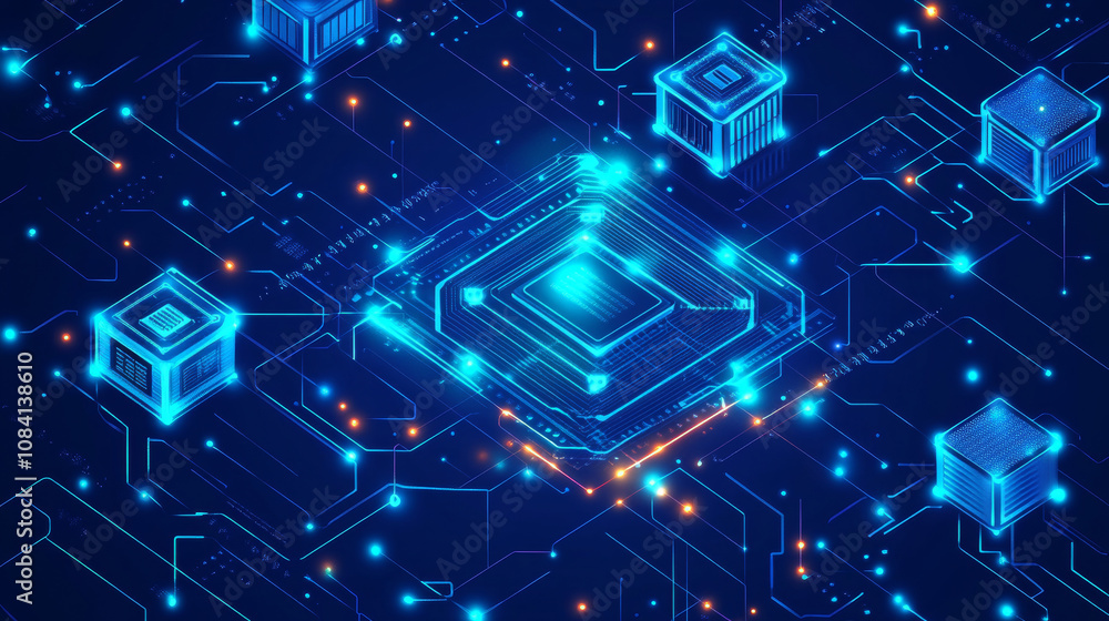 Poster a blue circuit board with computer parts like a chip and processor. it's a digital image showing tec