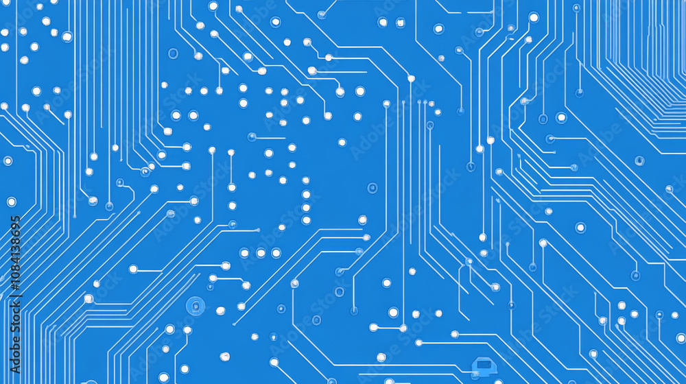 Poster a blue circuit board with computer parts like a chip and processor. it's a digital image showing tec
