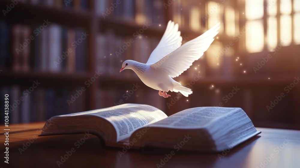 Poster serene dove in flight above open book in atmospheric library setting with soft light and magical spa