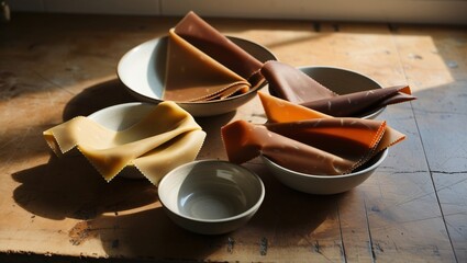 Reusable beeswax food wraps covering bowls on a rustic kitchen counter.