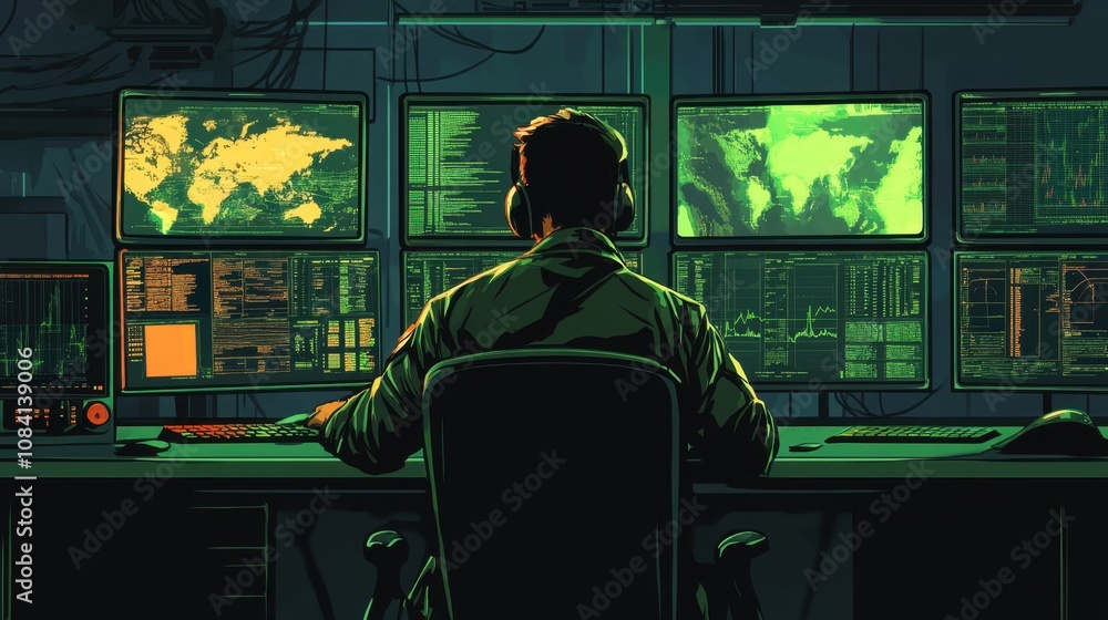 Poster energetic male operator engaged in high-tech data analysis surrounded by multiple monitors and graph