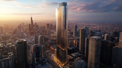 Fototapeta premium A sleek modern skyscraper with exposed steel and glass facades is visible from above. The sharp angles and structural precision reflect the forward-thinking architectural approach