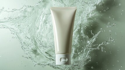 Blank cream tube mockup falling underwater, surrounded by cinematic splashes against a light green background