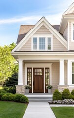 Charming house facade with welcoming front door and vibrant landscaping.