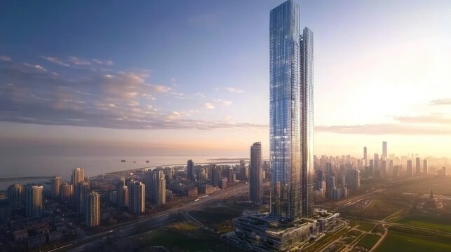 A sleek modern skyscraper with exposed steel and glass facades is visible from above. The sharp angles and structural precision reflect the forward-thinking architectural approach