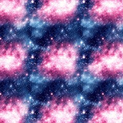 Obraz premium Seamless pattern of pink and blue nebulae with white stars on a black background.