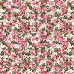 Fototapeta premium Seamless pattern of pink and white flowers with green leaves.