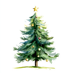 Obraz premium Watercolor Christmas tree with Christmas decorations with golden star on white background 
