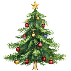 Fototapeta premium Watercolor Christmas tree with Christmas decorations with golden star on white background 