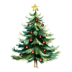 Watercolor Christmas tree with Christmas decorations  with golden star on white background	