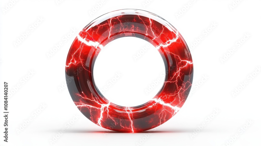 Poster glossy red ring with electric lightning effect on white background, abstract design element for mode