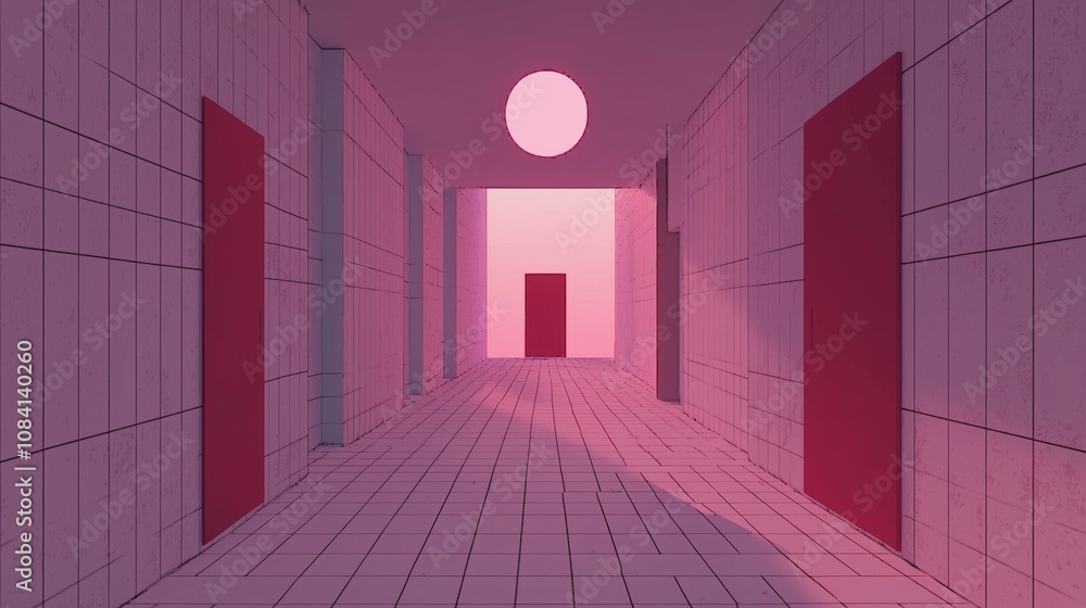 Poster abstract interior with colored walls, geometric shapes, and a circular window creating a surreal atm